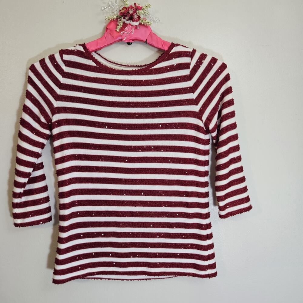 Talbots Petites Red White Striped Sequin Knit 3/4 Sleeve Top P French Nautical